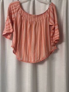 True Craft Coral and White Striped Off-Shoulder Tunic